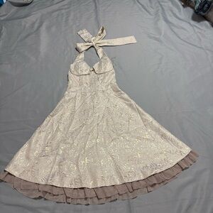 Forever Wedding dress, champagne brocade, lined, halter, formal size M